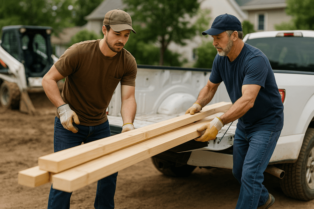 Two construction workers carrying lumber at a job site