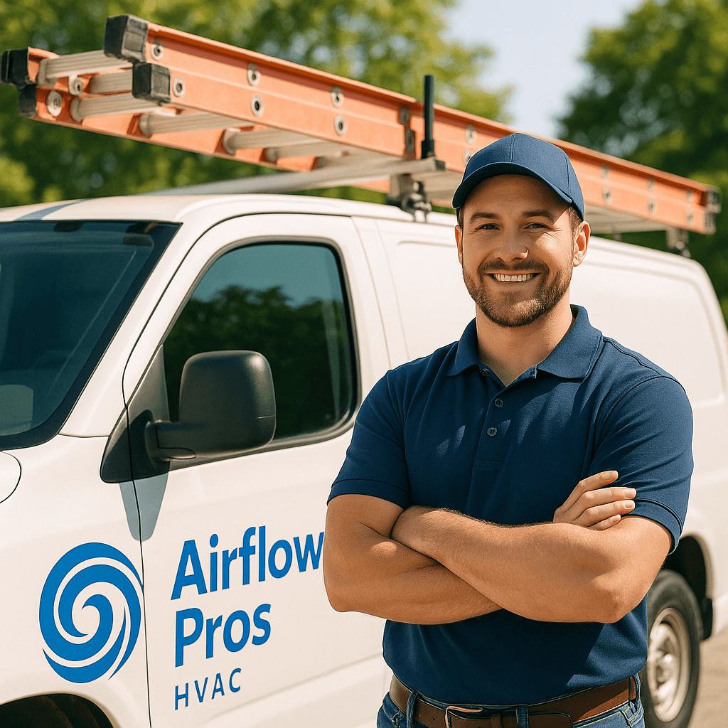 Smiling HVAC professional in front of his work van