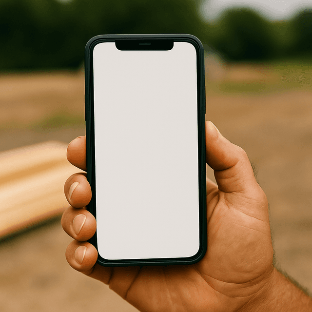 Hand holding mobile phone with blank screen